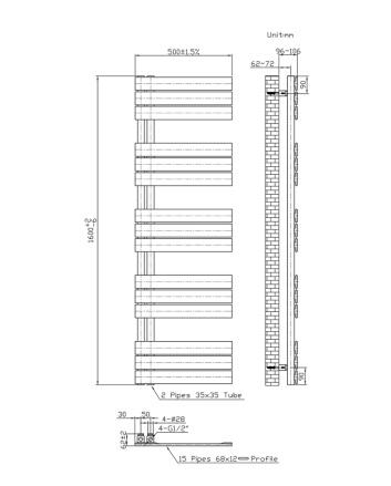 160x50 cm - 750 Watt  - Ecorad Slide - Mat Zwart - Handdoekradiator | Designradiator