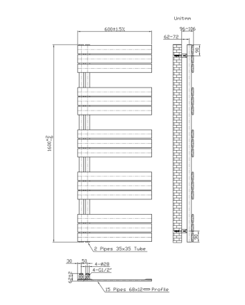 160x60 cm - 875 Watt  - Ecorad Slide - Mat Zwart  - Handdoekradiator | Designradiator