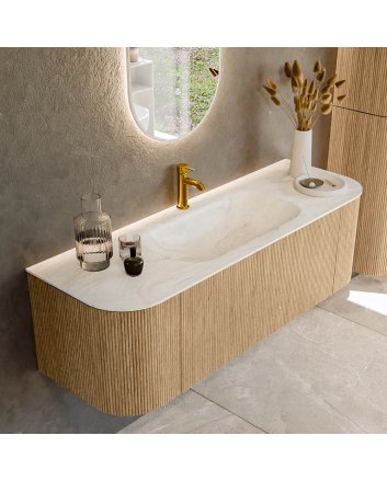 Mondiaz Kurve-Dlux 140cm badmeubel ronding Links + Rechts kleur Oak met 1 lade en 2 deuren. Wastafel Big small Midden 1 kraangat Ostra.