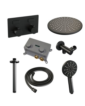 BRAUER Black Edition thermostatische inbouw regendouche met drukknoppen SET 60 met 30 cm douchekop en plafondarm en 3-standen handdouche en doucheslang en wandaansluitbocht mat zwart