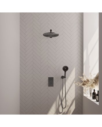 BRAUER Gunmetal Edition thermostatische inbouw regendouche 3-weg omstelling SET 32 met 30 cm douchekop en rechte muurarm en 3-standen handdouche en doucheslang en wandaansluitbocht gunmetal geborsteld PVD