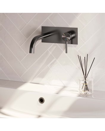 BRAUER Gunmetal Carving inbouw wastafelmengkraan met gebogen uitloop en afdekplaat model A1 gunmetal geborsteld PVD