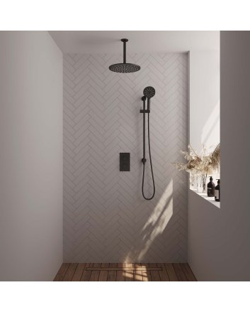 BRAUER Black Carving thermostatische inbouw regendouche 3-weg omstelling SET 48 met 30 cm douchekop en plafondarm en 3-standen handdouche en doucheslang en geïntegreerde glijstang mat zwart