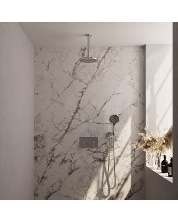 BRAUER Chrome Carving thermostatische inbouw regendouche met drukknoppen SET 59 met 20 cm douchekop en plafondarm en 3-standen handdouche en doucheslang en wandaansluitbocht chroom