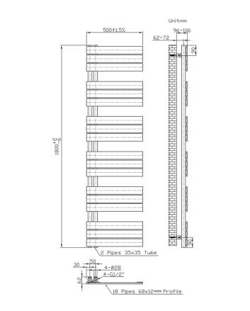 180x50 cm - 900 Watt  - Ecorad Slide - Mat Zwart - Handdoekradiator | Designradiator