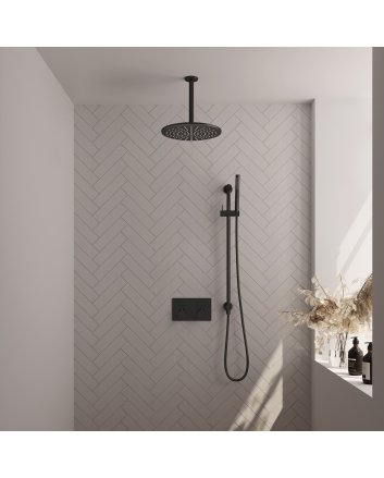 BRAUER Black Edition thermostatische inbouw regendouche met drukknoppen SET 66 met 30 cm douchekop en plafondarm en staaf handdouche en doucheslang en geïntegreerde glijstang mat zwart