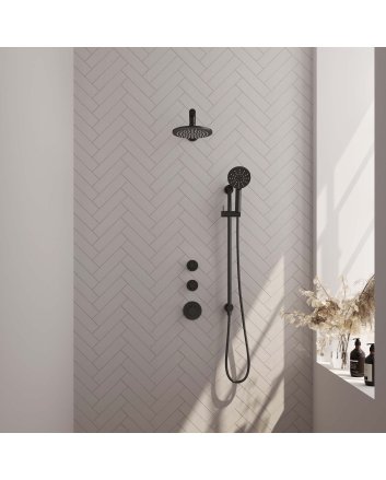BRAUER Black Edition thermostatische inbouw regendouche SET 19 met 20 cm douchekop en rechte muurarm en 3-standen handdouche en doucheslang en geïntegreerde glijstang mat zwart