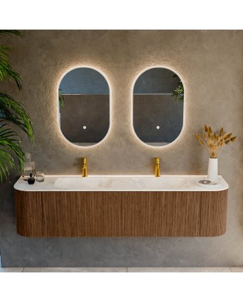 Mondiaz Kurve-Dlux 180cm badmeubel ronding Links + Rechts kleur Walnut met 2 lades en 2 deuren. Wastafel Leaf Dubbel 2 kraangaten Ostra.