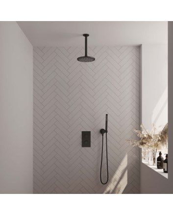 BRAUER Black Carving thermostatische inbouw regendouche 3-weg omstelling SET 29 met 20 cm douchekop en plafondarm en staaf handdouche en doucheslang en wandaansluitbocht mat zwart