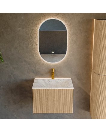 Mondiaz Kurve-Dlux 60cm badmeubel kleur Oak met 1 lade en 0 deuren. Wastafel Cloud Midden 1 kraangat Glace.
