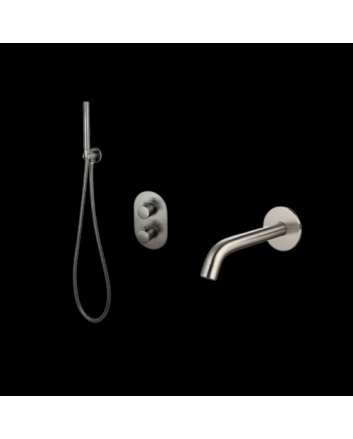 Sani DeLuxe Badset inbouw met box thermostaat, muurbevestiging / doucheslang, staafhanddouche rond Gun Metal met geribbeld knop