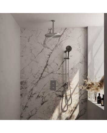 BRAUER Brushed Carving thermostatische inbouw regendouche 3-weg omstelling SET 48 met 30 cm douchekop en plafondarm en 3-standen handdouche en doucheslang en geïntegreerde glijstang RVS geborsteld PVD