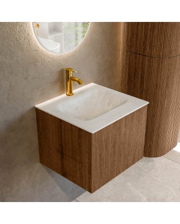 Mondiaz Kurve-Dlux 50cm badmeubel kleur Walnut met 1 lade en 0 deuren. Wastafel Grunne Midden 1 kraangat Opalo.