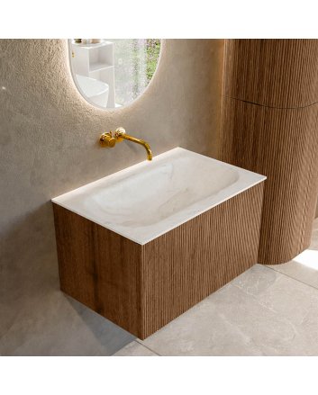 Mondiaz Kurve-Dlux 70cm badmeubel kleur Walnut met 1 lade en 0 deuren. Wastafel Big small Midden zonder kraangat Ostra.