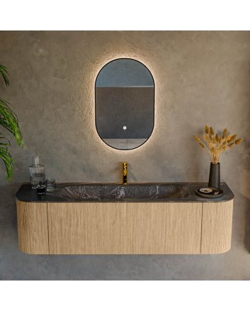 Mondiaz Kurve-Dlux 160cm badmeubel ronding Links + Rechts kleur Oak met 1 lade en 2 deuren. Wastafel Big medium Midden 1 kraangat Lava.