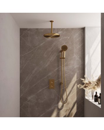 BRAUER Gold Carving thermostatische inbouw regendouche 3-weg omstelling SET 48 met 30 cm douchekop en plafondarm en 3-standen handdouche en doucheslang en geïntegreerde glijstang goud geborsteld PVD