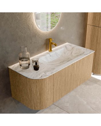 Mondiaz Kurve-Dlux 105cm badmeubel ronding Links kleur Oak met 1 lade en 1 deur. Wastafel Big small Rechts 1 kraangat Glace.
