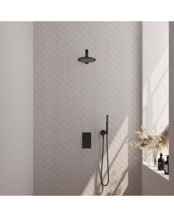 BRAUER Black Edition thermostatische inbouw regendouche 3-weg omstelling SET 25 met 20 cm douchekop en rechte muurarm en staaf handdouche en doucheslang en wandaansluitbocht mat zwart