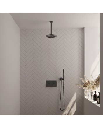 BRAUER Gunmetal Edition thermostatische inbouw regendouche met drukknoppen SET 53 met 20 cm douchekop en plafondarm en staaf handdouche en doucheslang en wandaansluitbocht gunmetal geborsteld PVD