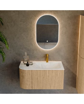 Mondiaz Kurve-Dlux 85cm badmeubel ronding Links kleur Oak met 1 lade en 1 deur. Wastafel Cloud Rechts 1 kraangat Opalo.