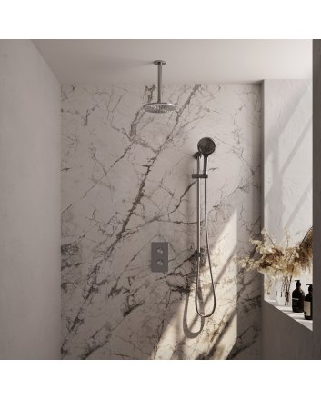 BRAUER Brushed Carving thermostatische inbouw regendouche 3-weg omstelling SET 47 met 20 cm douchekop en plafondarm en 3-standen handdouche en doucheslang en geïntegreerde glijstang RVS geborsteld PVD