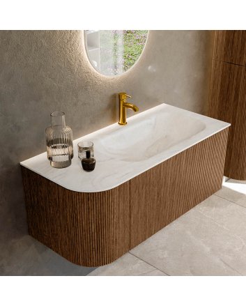 Mondiaz Kurve-Dlux 105cm badmeubel ronding Links kleur Walnut met 1 lade en 1 deur. Wastafel Big small Rechts 1 kraangat Ostra.