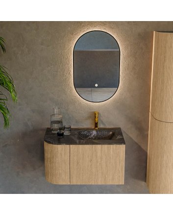 Mondiaz Kurve-Dlux 75cm badmeubel ronding Links kleur Oak met 1 lade en 1 deur. Wastafel Grunne Rechts 1 kraangat Lava.