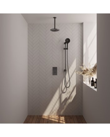 BRAUER Gunmetal Carving thermostatische inbouw regendouche 3-weg omstelling SET 47 met 20 cm douchekop en plafondarm en 3-standen handdouche en doucheslang en geïntegreerde glijstang gunmetal geborsteld PVD