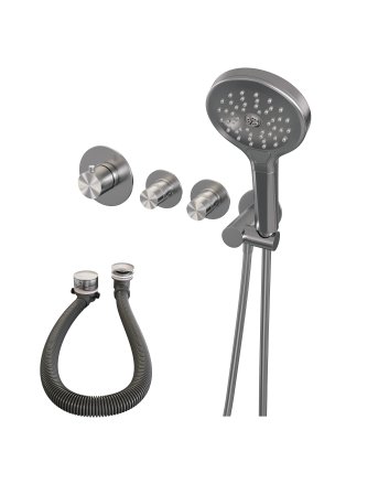 BRAUER Brushed Edition thermostatische inbouw badkraan SET 02 met badvulcombinatie en 3-standen handdouche en doucheslang en wandaansluitbocht RVS geborsteld PVD