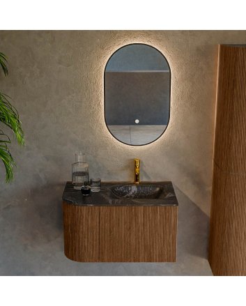 Mondiaz Kurve-Dlux 75cm badmeubel ronding Links kleur Walnut met 1 lade en 1 deur. Wastafel Grunne Rechts 1 kraangat Lava.