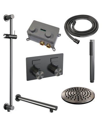 BRAUER Gunmetal Carving thermostatische inbouw regendouche met drukknoppen SET 61 met 20 cm douchekop en rechte muurarm en staaf handdouche en doucheslang en geïntegreerde glijstang gunmetal geborsteld PVD