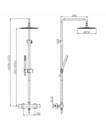 304 thermostatische regendoucheset opbouw mat zwart