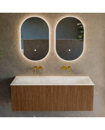 Mondiaz Kurve-Dlux 120cm badmeubel kleur Walnut met 1 lade en 0 deuren. Wastafel Big large Midden zonder kraangat Ostra.