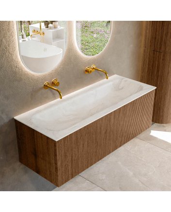 Mondiaz Kurve-Dlux 120cm badmeubel kleur Walnut met 1 lade en 0 deuren. Wastafel Big large Midden zonder kraangat Ostra.