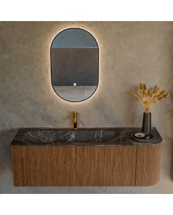 Mondiaz Kurve-Dlux 135cm badmeubel ronding Rechts kleur Walnut met 1 lade en 1 deur. Wastafel Big medium Links 1 kraangat Lava.