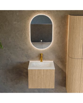 Mondiaz Kurve-Dlux 50cm badmeubel kleur Oak met 1 lade en 0 deuren. Wastafel Grunne Midden 1 kraangat Opalo.