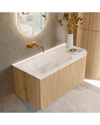 Mondiaz Kurve-Dlux 95cm badmeubel ronding Rechts kleur Oak met 1 lade en 1 deur. Wastafel Big small Links zonder kraangat Frappe.