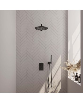BRAUER Black Carving thermostatische inbouw regendouche 3-weg omstelling SET 26 met 30 cm douchekop en rechte muurarm en staaf handdouche en doucheslang en wandaansluitbocht mat zwart