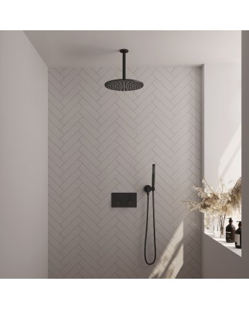 BRAUER Black Carving thermostatische inbouw regendouche met drukknoppen SET 54 met 30 cm douchekop en plafondarm en staaf handdouche en doucheslang en wandaansluitbocht mat zwart