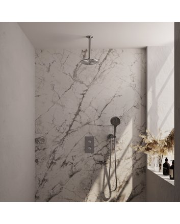 BRAUER Brushed Edition thermostatische inbouw regendouche 3-weg omstelling SET 35 met 20 cm douchekop en plafondarm en 3-standen handdouche en doucheslang en wandaansluitbocht RVS geborsteld PVD