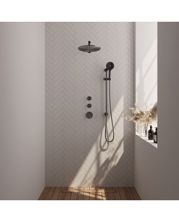 BRAUER Gunmetal Edition thermostatische inbouw regendouche SET 20 met 30 cm douchekop en rechte muurarm en 3-standen handdouche en doucheslang en geïntegreerde glijstang gunmetal geborsteld PVD