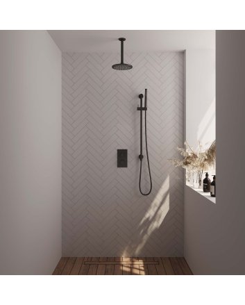 BRAUER Black Edition thermostatische inbouw regendouche 3-weg omstelling SET 41 met 20 cm douchekop en plafondarm en staaf handdouche en doucheslang en geïntegreerde glijstang mat zwart