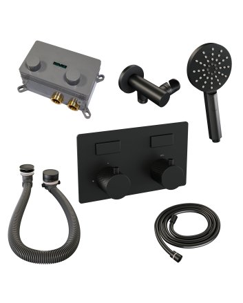 BRAUER Black Carving thermostatische inbouw badkraan met drukknoppen SET 04 met badvulcombinatie en 3-standen handdouche en doucheslang en wandaansluitbocht mat zwart