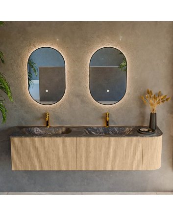 Mondiaz Kurve-Dlux 175cm badmeubel ronding Rechts kleur Oak met 2 lades en 1 deur. Wastafel Stor small Dubbel / Links 2 kraangaten Lava.