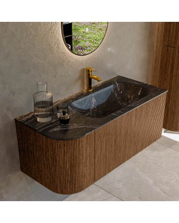 Mondiaz Kurve-Dlux 105cm badmeubel ronding Links kleur Walnut met 1 lade en 1 deur. Wastafel Big small Rechts 1 kraangat Lava.