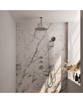 BRAUER Chrome Carving thermostatische inbouw regendouche SET 24 met 30 cm douchekop en plafondarm en 3-standen handdouche en doucheslang en geïntegreerde glijstang chroom