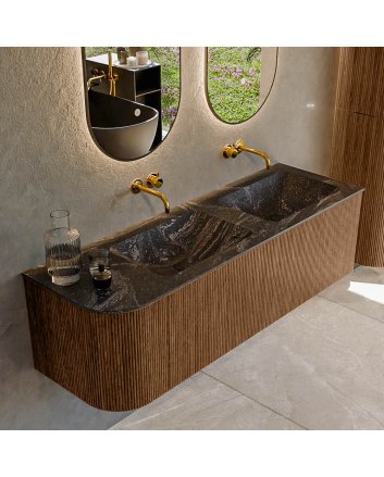 Mondiaz Kurve-Dlux 145cm badmeubel ronding Links kleur Walnut met 1 lade en 1 deur. Wastafel Leaf Dubbel / Rechts zonder kraangat Lava.