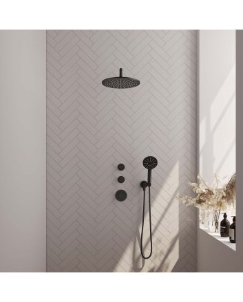 BRAUER Black Carving thermostatische inbouw regendouche SET 10 met 30 cm douchekop en gebogen muurarm en 3-standen handdouche en doucheslang en wandaansluitbocht mat zwart