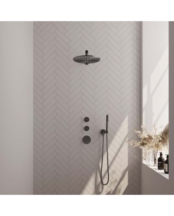 BRAUER Gunmetal Carving thermostatische inbouw regendouche SET 02 met 30 cm douchekop en rechte muurarm en staaf handdouche en doucheslang en wandaansluitbocht gunmetal geborsteld PVD