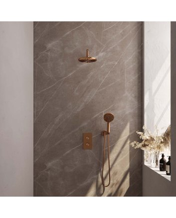 BRAUER Copper Edition thermostatische inbouw regendouche 3-weg omstelling SET 33 met 20 cm douchekop en gebogen muurarm en 3-standen handdouche en doucheslang en wandaansluitbocht koper geborsteld PVD